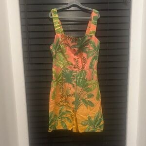 FARM Rio Orange and Green Leaf Print Dress
